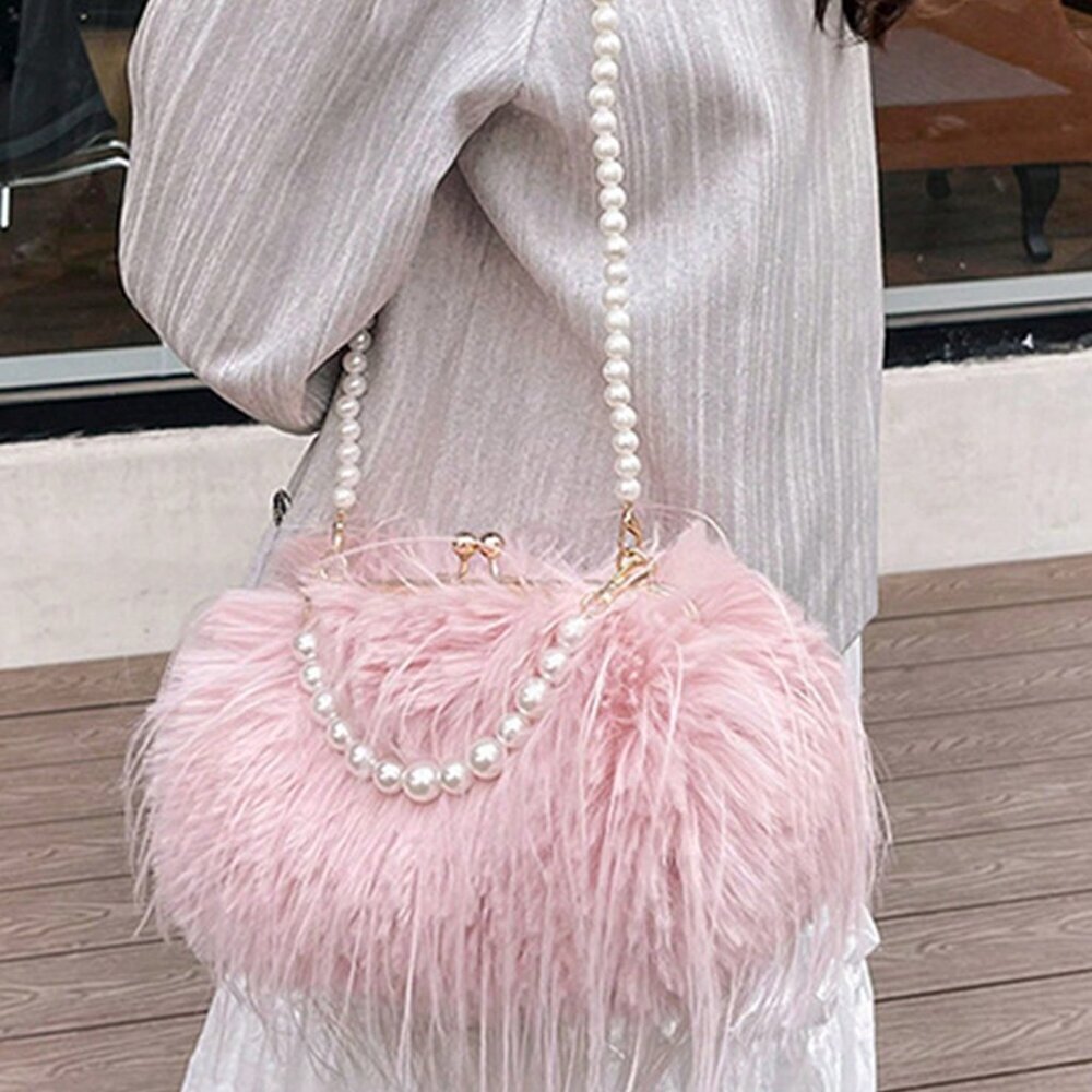 Pink Glamorous Women Fluffy Crossbody Fur Bag